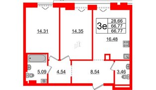 Квартира в ЖК «Империал Клаб», 2 комнатная, 66.77 м², 6 этаж