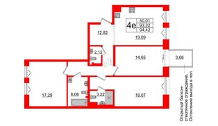 Квартира в ЖК «Империал Клаб», 3 комнатная, 93.32 м², 4 этаж