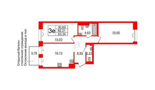 Квартира в ЖК Imperial Club, 2 комнатная, 62.21 м², 6 этаж