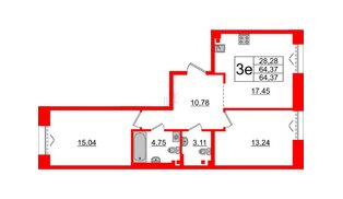 Квартира в ЖК «Империал Клаб», 2 комнатная, 64.37 м², 3 этаж