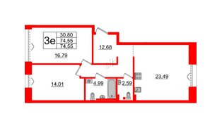 Квартира в ЖК Imperial Club, 2 комнатная, 74.55 м², 3 этаж