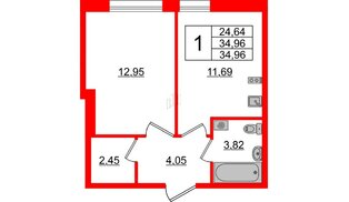 Апартаменты в ЖК «Зум Черная речка», 1 комнатные, 34.96 м², 10 этаж