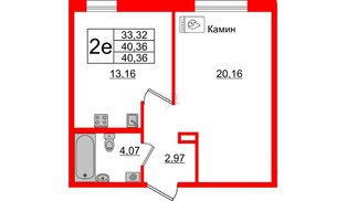 Апартаменты в ЖК ZOOM Черная речка, 1 комнатные, 40.36 м², 13 этаж