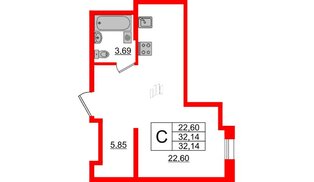 Апартаменты в ЖК ZOOM Черная речка, студия, 32.14 м², 6 этаж