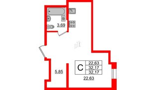Апартаменты в ЖК ZOOM Черная речка, студия, 32.17 м², 12 этаж