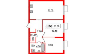 Квартира в ЖК Витебский парк, 2 комнатная, 56.8 м², 3 этаж