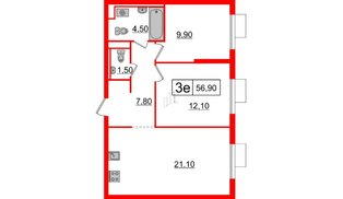 Квартира в ЖК Витебский парк, 2 комнатная, 56.9 м², 2 этаж
