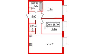 Квартира в ЖК Витебский парк, 2 комнатная, 56.7 м², 3 этаж