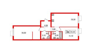 Квартира в ЖК Витебский парк, 2 комнатная, 63.4 м², 2 этаж