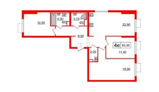 Квартира в ЖК Витебский парк, 3 комнатная, 83.3 м², 2 этаж