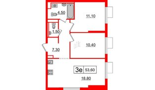 Квартира в ЖК Витебский парк, 2 комнатная, 53.6 м², 2 этаж