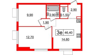 Квартира в ЖК Витебский парк, 2 комнатная, 46.4 м², 8 этаж
