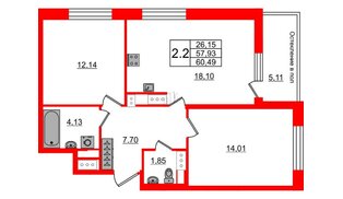 Квартира в ЖК «Сенат в Московском», 2 комнатная, 57.3 м², 7 этаж