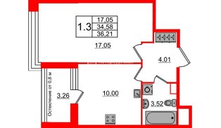 Квартира в ЖК «Сенат в Московском», 1 комнатная, 34.2 м², 2 этаж