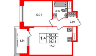 Квартира в ЖК «Сенат в Московском», 1 комнатная, 34 м², 2 этаж