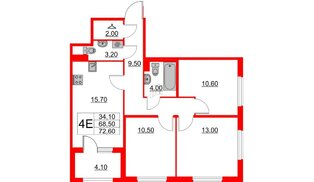 Квартира в ЖК Югтаун, 3 комнатная, 68.5 м², 2 этаж