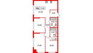Квартира в ЖК Шкиперский, 19, 3 комнатная, 73.8 м², 10 этаж