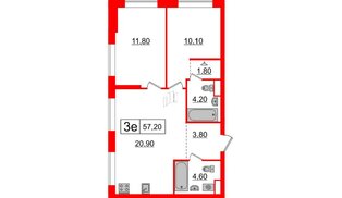 Квартира в ЖК Шкиперский, 19, 2 комнатная, 57.2 м², 1 этаж