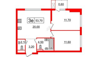 Квартира в ЖК Шкиперский, 19, 2 комнатная, 53.7 м², 2 этаж