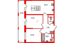 Квартира в ЖК 'Pulse Premier', 2 комнатная, 52.46 м², 3 этаж