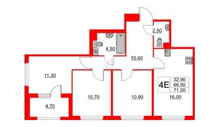 Квартира в ЖК Югтаун, 3 комнатная, 66.5 м², 2 этаж