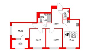 Квартира в ЖК Югтаун, 3 комнатная, 65.8 м², 3 этаж