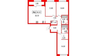Квартира в ЖК Аэронавт, 3 комнатная, 88.2 м², 7 этаж