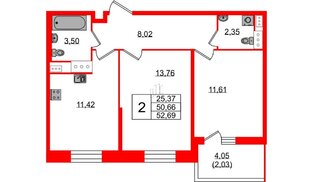 Квартира в ЖК Аквилон Stories, 2 комнатная, 52.69 м², 7 этаж