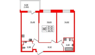 Квартира в ЖК Аквилон Stories, 2 комнатная, 63.78 м², 2 этаж