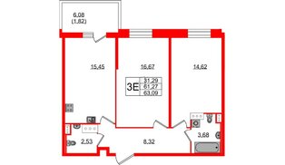 Квартира в ЖК Аквилон Stories, 2 комнатная, 63.09 м², 4 этаж