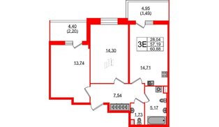 Квартира в ЖК Аквилон Stories, 2 комнатная, 60.88 м², 2 этаж
