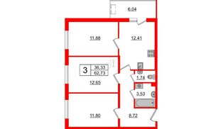 Квартира в ЖК «Новоорловский», 3 комнатная, 64.54 м², 2 этаж