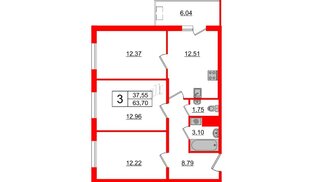 Квартира в ЖК «Новоорловский», 3 комнатная, 65.6 м², 18 этаж