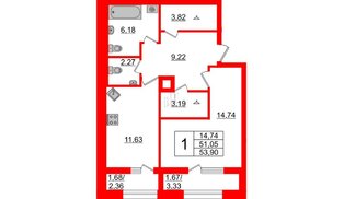Квартира в ЖК БелАРТ, 1 комнатная, 53.9 м², 1 этаж