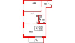 Квартира в ЖК FRIENDS, 2 комнатная, 52.23 м², 2 этаж