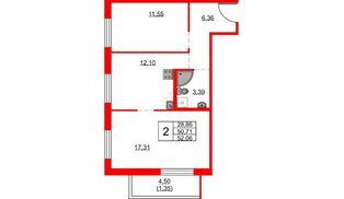 Квартира в ЖК FRIENDS, 2 комнатная, 52.06 м², 3 этаж