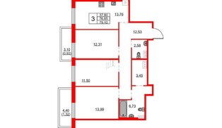 Квартира в ЖК FRIENDS, 3 комнатная, 79.1 м², 13 этаж