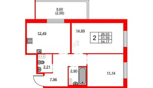 Квартира в ЖК FRIENDS, 2 комнатная, 54.17 м², 3 этаж