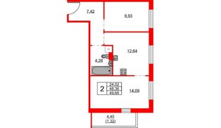 Квартира в ЖК FRIENDS, 2 комнатная, 49.68 м², 3 этаж