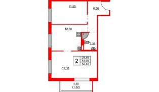 Квартира в ЖК FRIENDS, 2 комнатная, 52.4 м², 2 этаж