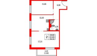 Квартира в ЖК FRIENDS, 2 комнатная, 52.32 м², 3 этаж