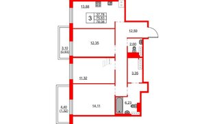 Квартира в ЖК FRIENDS, 3 комнатная, 78.08 м², 18 этаж