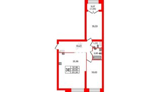 Квартира в ЖК Наука, 2 комнатная, 92.1 м², 3 этаж