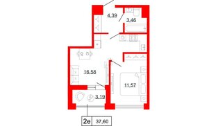 Квартира в ЖК Коллекционный дом 1919, 1 комнатная, 37.6 м², 7 этаж