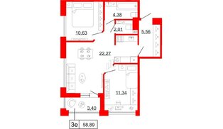 Квартира в ЖК Коллекционный дом 1919, 2 комнатная, 58.89 м², 2 этаж