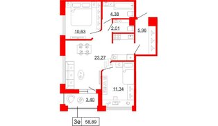 Квартира в ЖК Коллекционный дом 1919, 2 комнатная, 58.89 м², 5 этаж