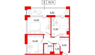 Квартира в ЖК Коллекционный дом 1919, 2 комнатная, 53.74 м², 4 этаж