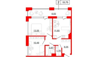 Квартира в ЖК Коллекционный дом 1919, 2 комнатная, 53.74 м², 7 этаж