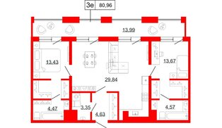 Квартира в ЖК Коллекционный дом 1919, 2 комнатная, 80.96 м², 9 этаж