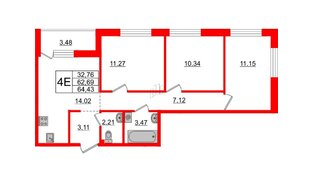 Квартира в ЖК ID Мурино 2, 3 комнатная, 64.43 м², 2 этаж